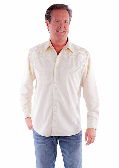 Scully Ivory Men's Long Sleeve Snap Front Tooled Embroidered Shirt  P-634