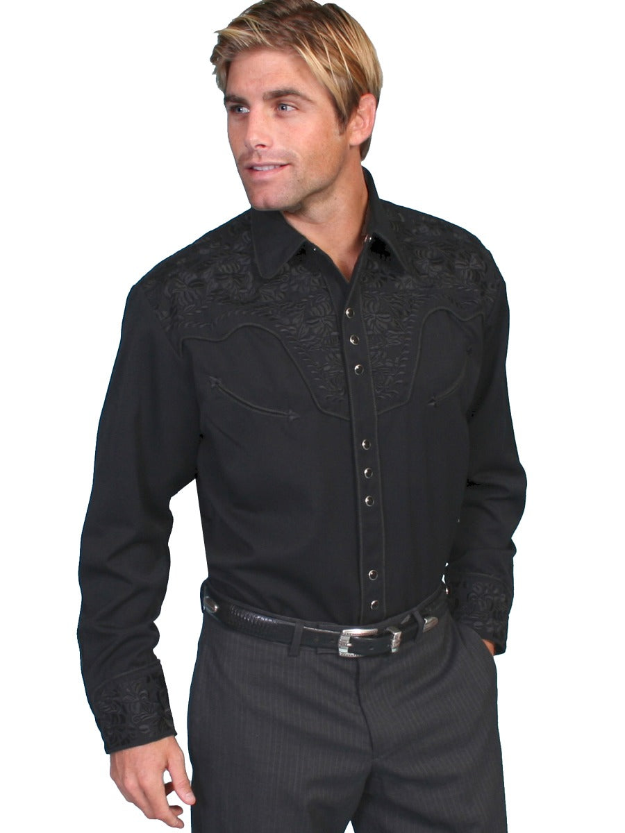 Scully Jet Black Men's Long Sleeve Snap Front Tooled Embroidered Shirt  P-634