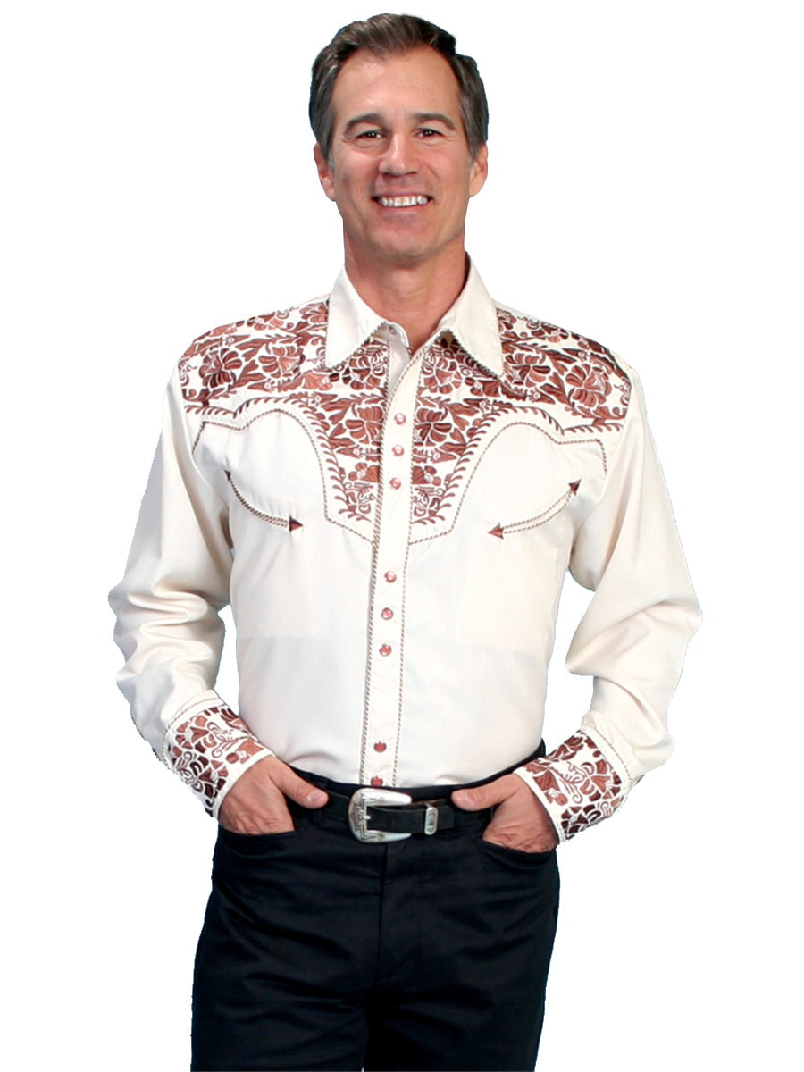 Scully Natural Men's Long Sleeve Snap Front Tooled Embroidered Shirt  P-634
