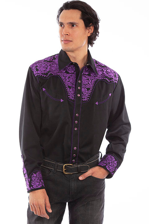 Scully Purple Men's Long Sleeve Snap Front Tooled Embroidered Shirt  P-634