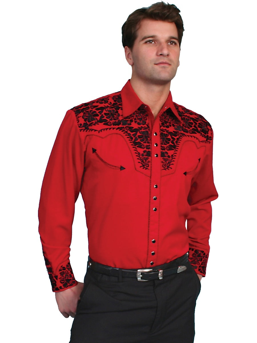Scully Red Men's Long Sleeve Snap Front Tooled Embroidered Shirt  P-634