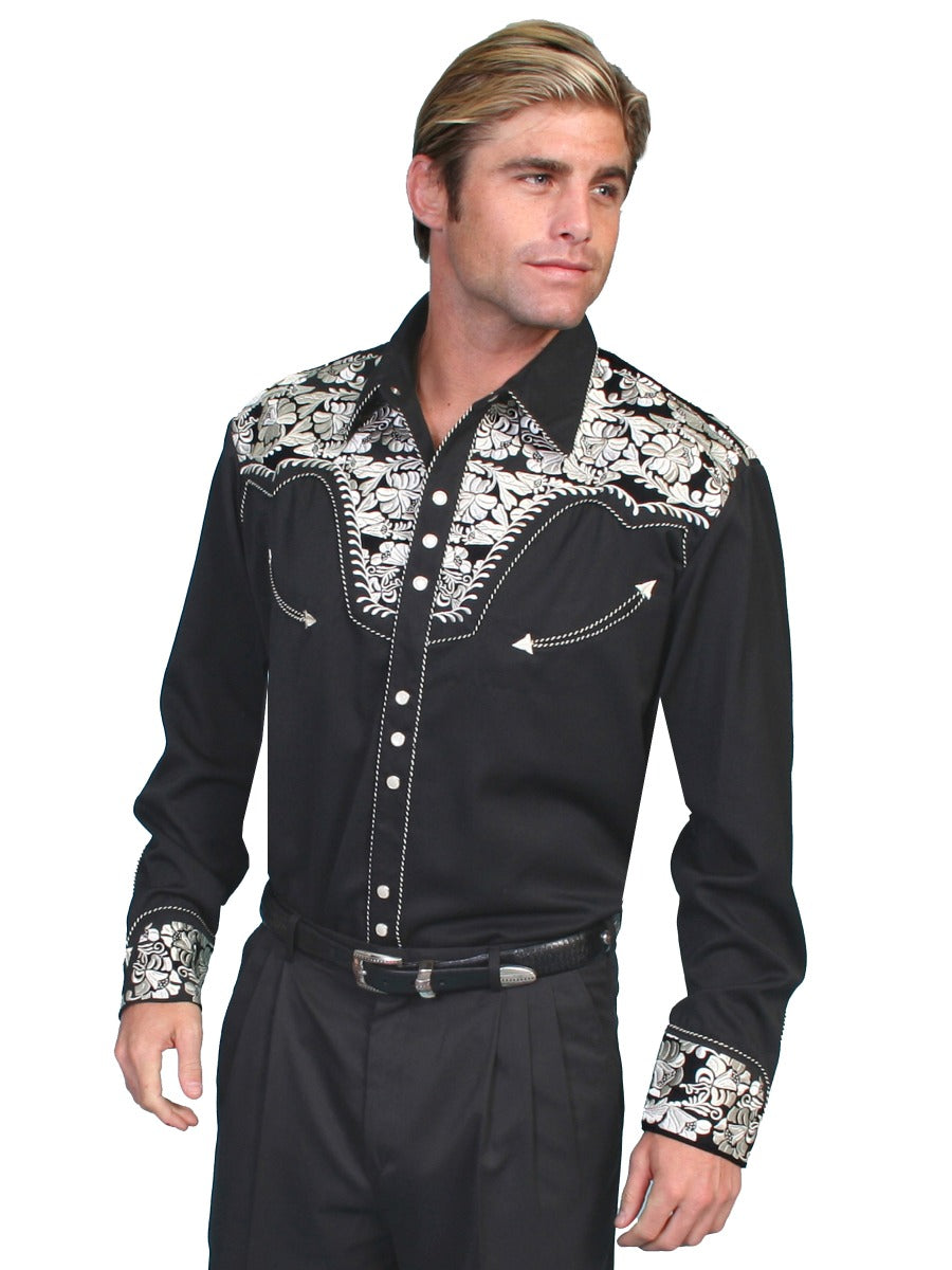 Scully Silver Men's Long Sleeve Snap Front Tooled Embroidered Shirt  P-634