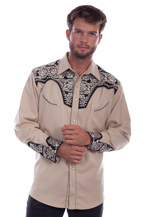Scully Tan Men's Long Sleeve Snap Front Tooled Embroidered Shirt  P-634