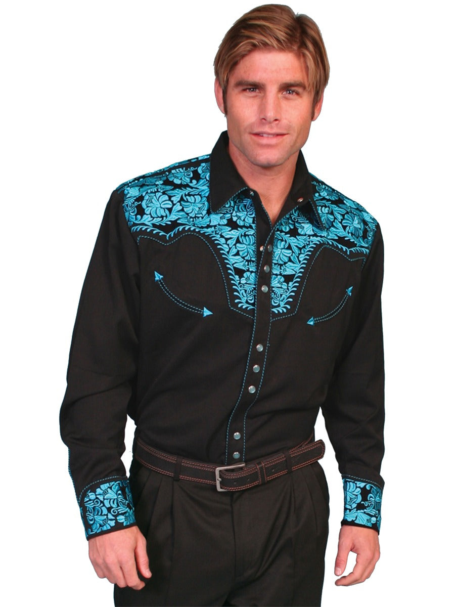Scully Turquoise Men's Long Sleeve Snap Front Tooled Embroidered Shirt  P-634