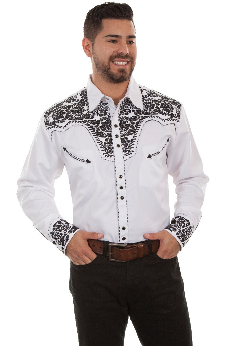 Scully White/Black Men's Long Sleeve Snap Front Tooled Embroidered Shirt  P-634