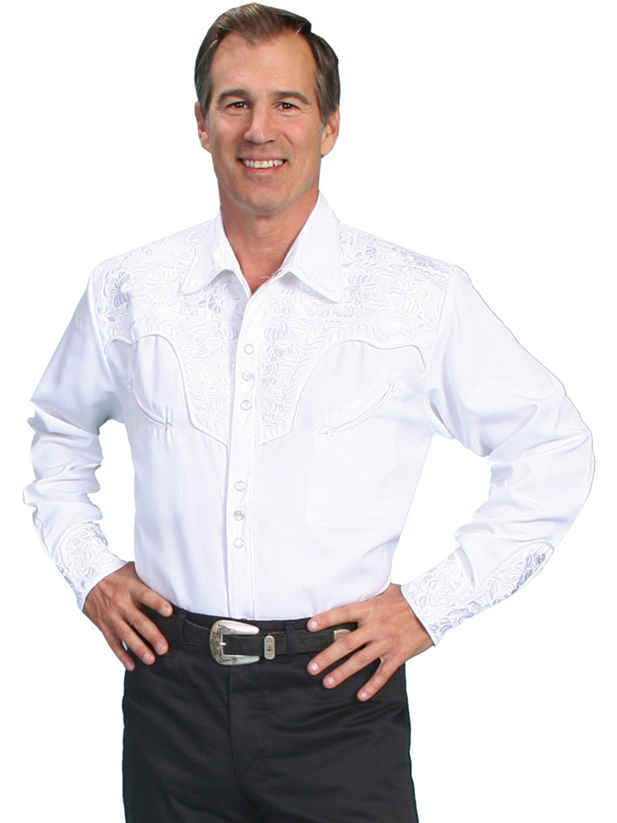 Scully White Men's Long Sleeve Snap Front Tooled Embroidered Shirt  P-634