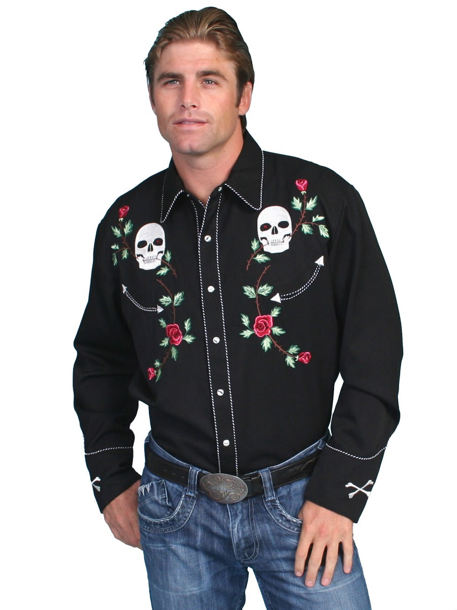 Scully Black Skull/Roses Emboidery Men's Long Sleeve Snap Shirt P-771 - Product Details