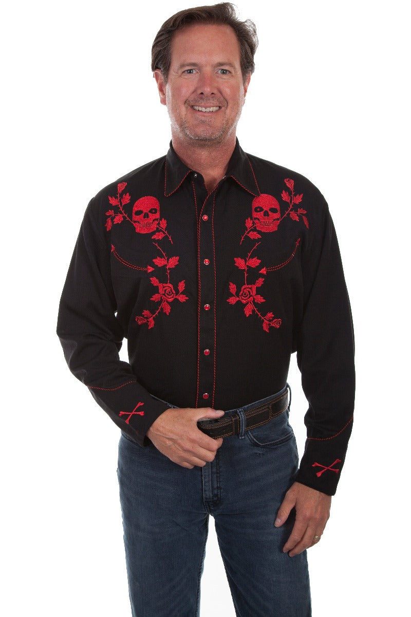 Scully Red Skull/Roses Emboidery Men's Long Sleeve Snap Shirt P-771