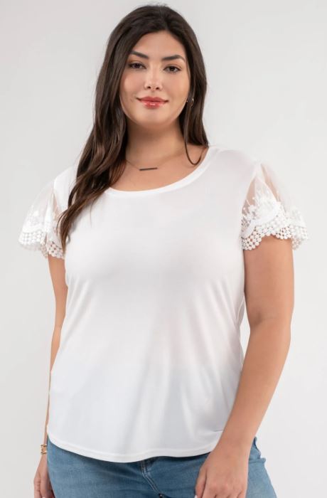 Blu Pepper White Lace Sleeve Knit Top In Curvy Sizes PCR2197
