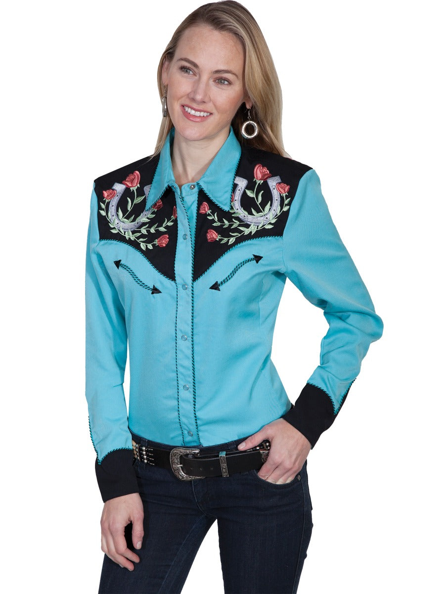 Scully horseshoe and rose embroidered snap front shirt  PL637 TUR   ***Online Only