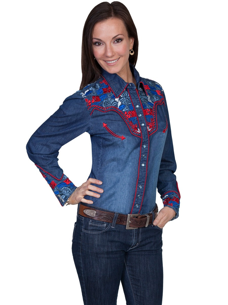Scully Multi colored embroidered yoke and sleeve western shirt   PL654C DEN   ****Online Only