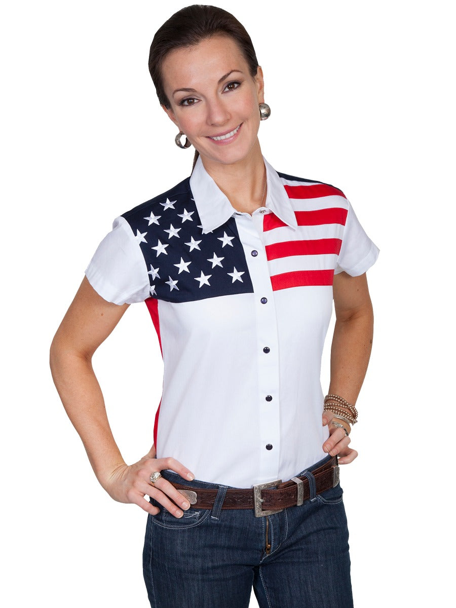 Scully Patriotic Collection cap sleeve color block snap front shirt  PL756SS WHT   ***Online Only