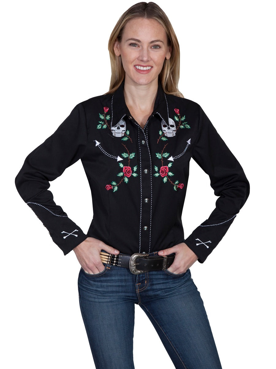 Scully Skulls and Roses embroidered snap frot western shirt  PL771 BLK   ****Online Only