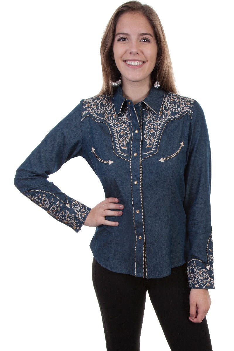 Scull Two Tone Embroidered snap front western shirt  PL866 DEN   ***Online Only