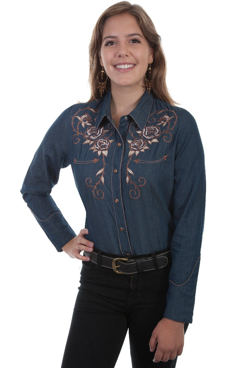 Scully Embroidered roses and longhorn skull snap front western shirt  PL872 DEN   ***Online Only