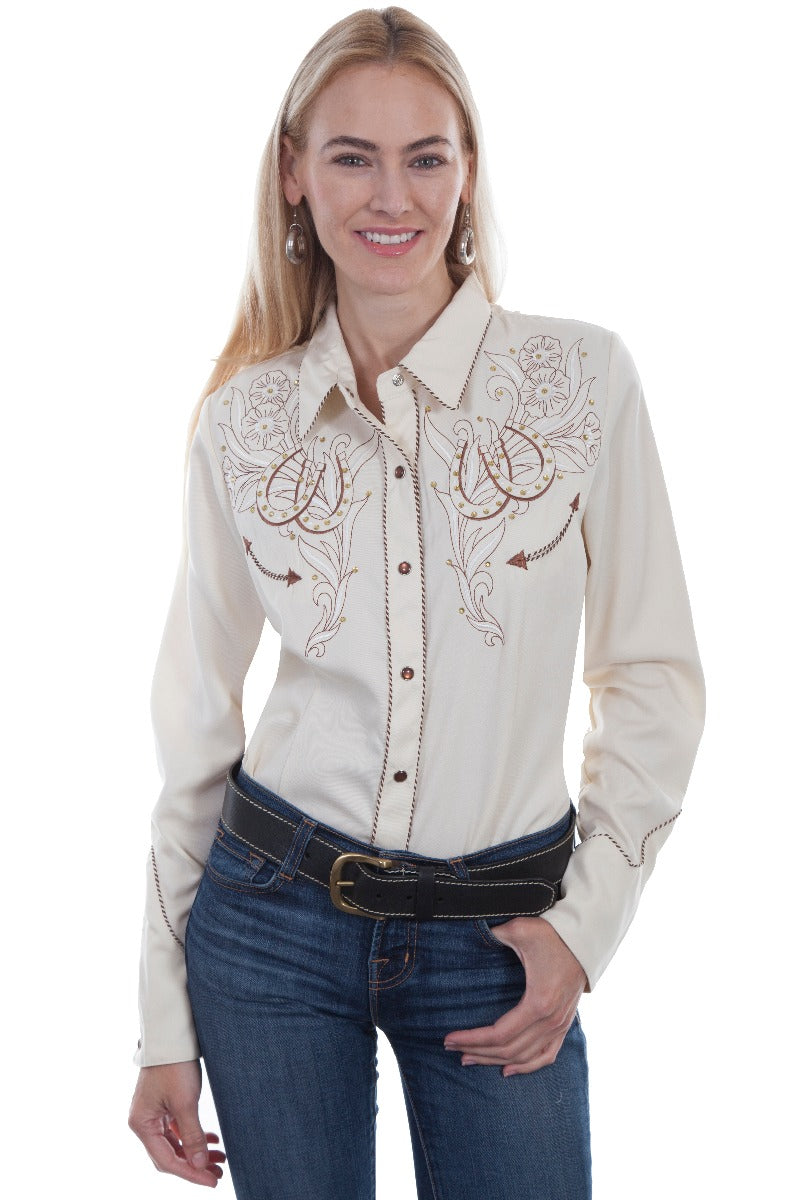 Scully Embroidered Roses and horseshoes snap front western shirt  PL873 CRM  ***Online Only