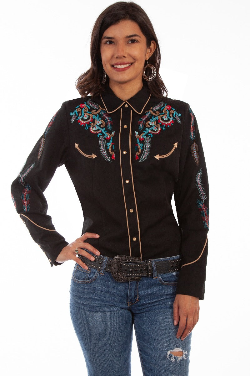 Scully Black denim embroidered snap front western shirt  PL878 BLK   ***Online only