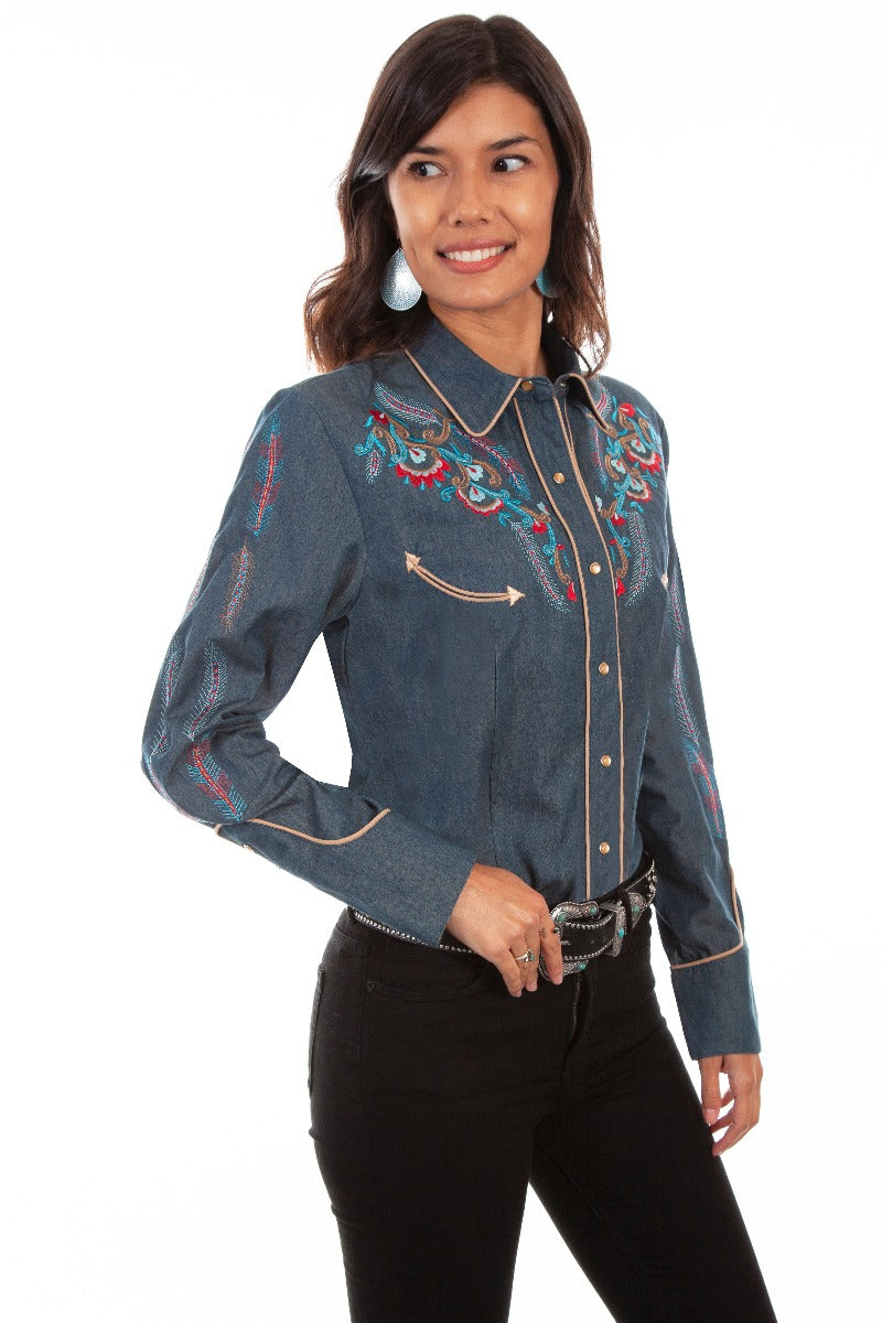 Scully Denim western shirt with floral and feather embroidery  PL878 DEN   ***Online Only