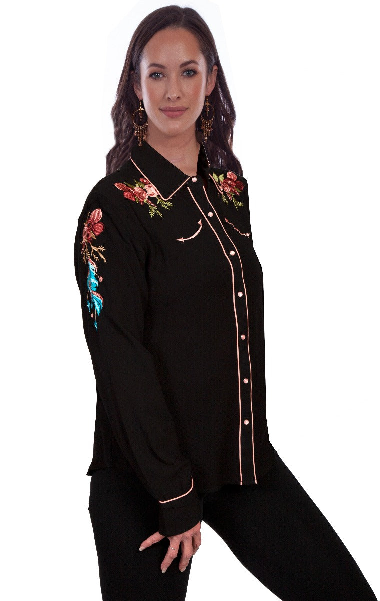 Scully longhorn and floral embroidered western snap shirt   PL895 BLK   ***Online Only