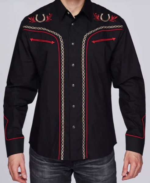 Rodeo Clothing Black with Horseshoe Embroidery Longsleeve Men's Snap Shirt PS500L-516