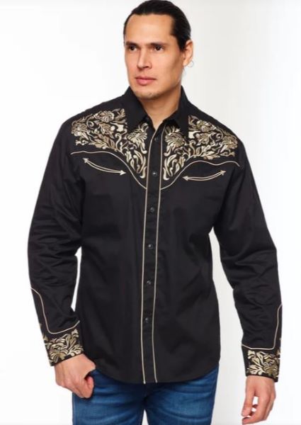Rodeo Clothing Black/Tan Longsleeve Men's Snap Shirt with Embroidery PS500L-544