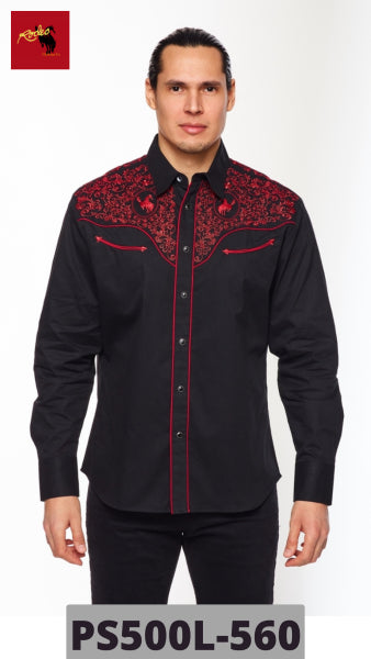 Rodeo Clothing Black with Red Embroidery and Bronco Mens Longsleeve Snap Western Shirt PS500L-560