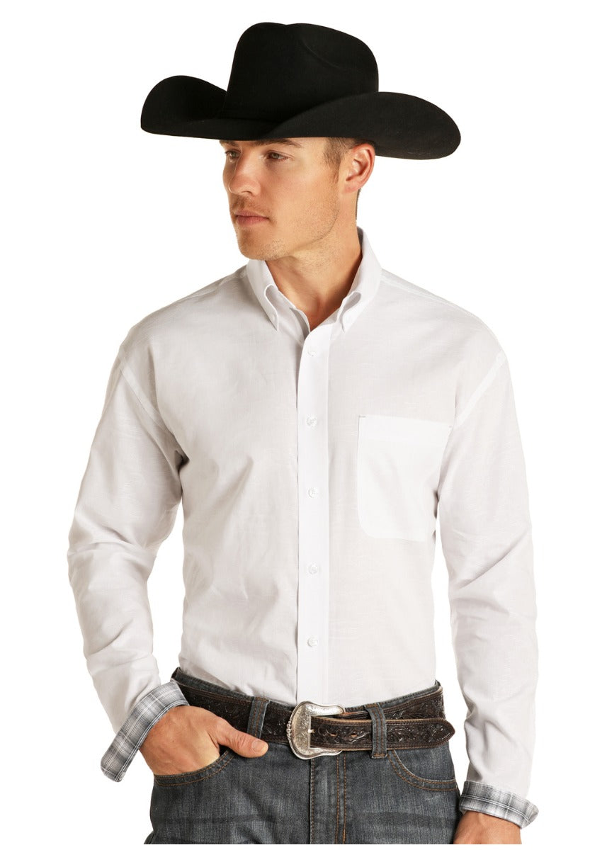 Panhandle White Long Sleeve Solid Jacquard Button Down Mens Shirt ROD1254
