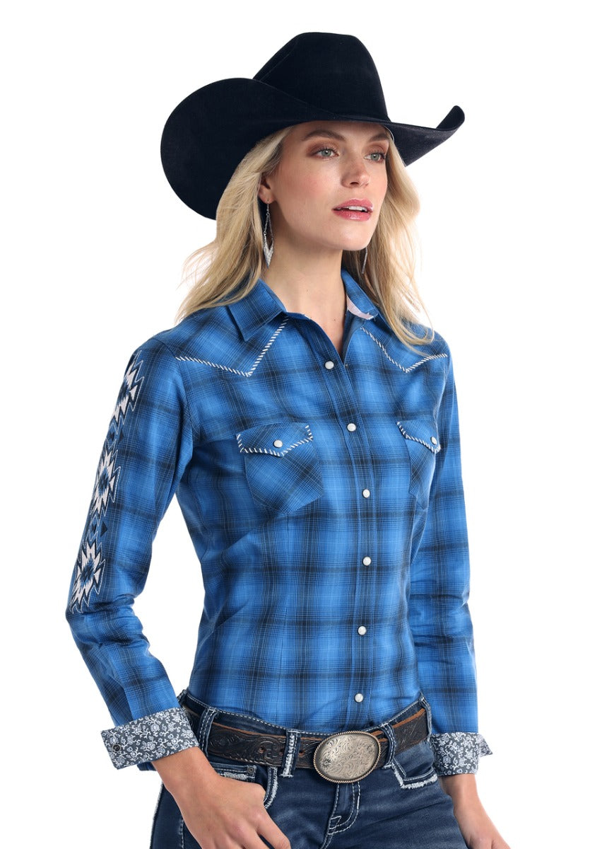 Panhandle Slim Blue Aztec Embroidered Long Sleeve Womens Western Shirt R4S2139