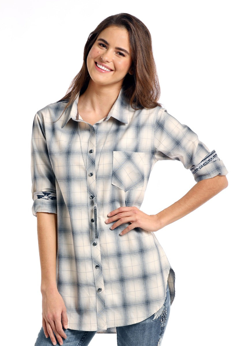 Panhandle Slim White/Blue Ladies Long Sleeve Boyfriend Tunic R4T8401