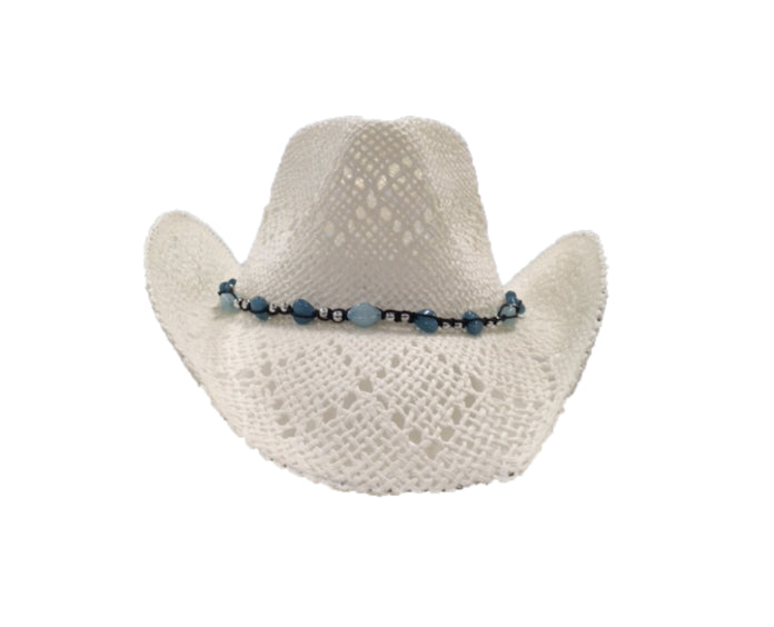 Hat Vision White Hat with Blue and Silver Beads R52 WHITE
