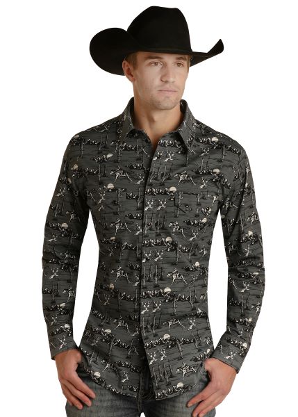Rock and Roll Cowboy Steel Grey Men's Conversational Woven Long Sleeve Stretch Snap Shirt RRMSOSR08R
