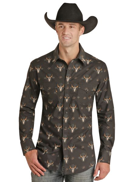 Rock and Roll Denim Bull Skull Print Men's Snap Front Shirt RRMSOSR09K