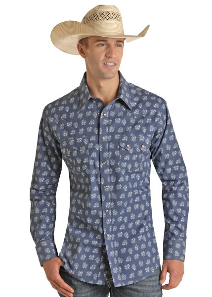 Rock and Roll Denim Blue Floral Vintage 46 Longsleeve Floral Men's Snap Shirt RRMSOSR0PQ