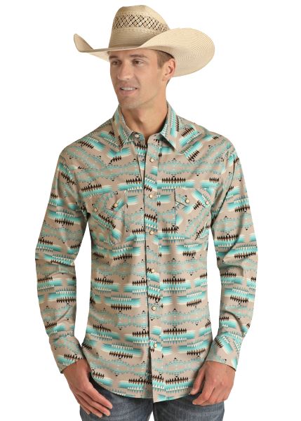 Rock and Roll Denim Men's Teal Aztec Snap Shirt RRMSOSR0Q0