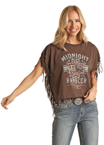 Rock and Roll Cowgirl Midnight Rambler Graphic Tank with Fringe RRWT20R050