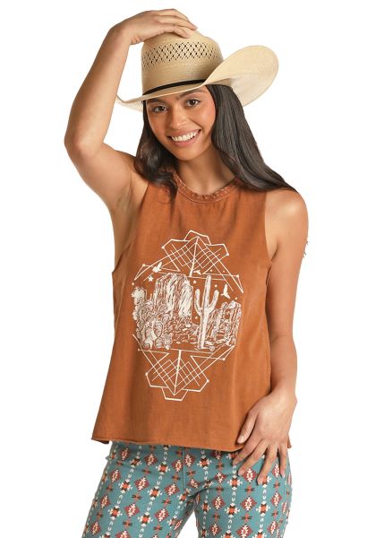 Rock and Roll Cowgirl Copper Mineral Wash Muscle Tank with Graphic RRWT20R0YH