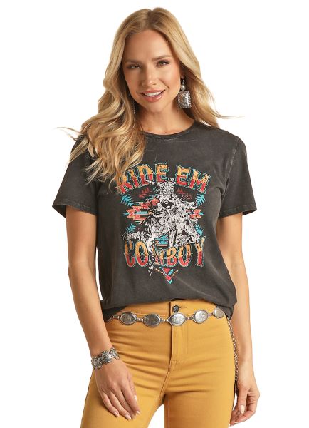 Rock and Roll Cowgirl Faded Black Ride Em Cowboy Womens Graphic Tee Shirt RRWT21R05J