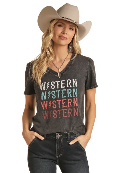 Rock and Roll Cowgirl Black Women's V-Neck Western Graphic T-Shirt RRWT21R0CI
