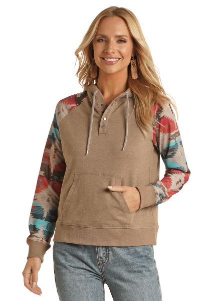 Rock and Roll Cowgirl Tan Womens Aztec Print Sleeve Longsleeve Hoodie RRWT94R04F