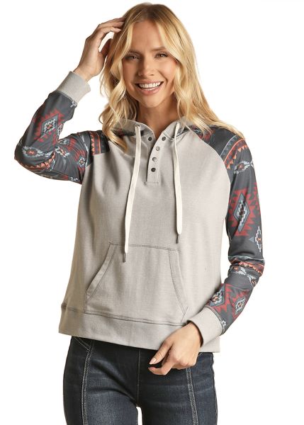 Rock and Roll Cowgirl Grey Aztec Women's 1/4 Snap Hoodie