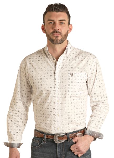 Rock and Roll Denim White Horseshoe Longsleeve Men's Button Down Shirt RSMSODR0EQ