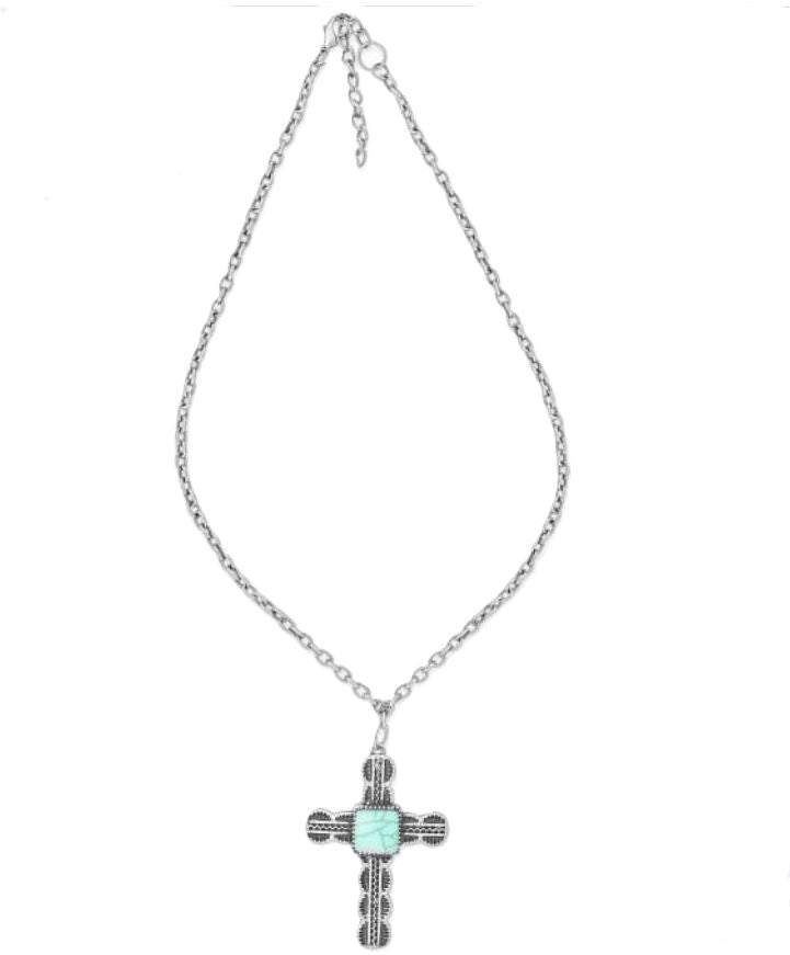 Myra Bag Centerstone Cross Necklace with Synthetic Turquoise Center S-11018