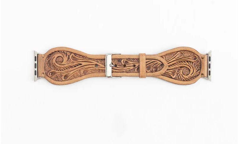 Myra Bag Light Saddle Tan Lone Star Hand Tooled Leather Watch Band for Apple Watches S-12790