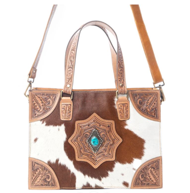 Myra Desert Jewel Handtooled Hairon Leather Concealed Carry Bag in Timber Brown S-13802