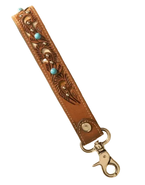 Myra Honey Turquoise River Glen Handtooled Hairon Leather Key Fob S-13907