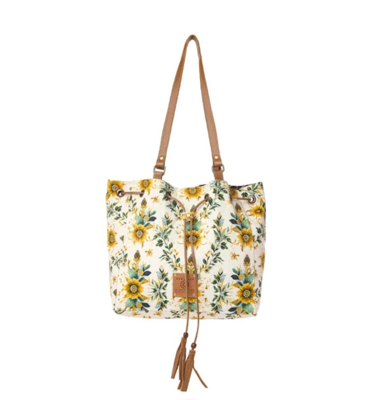 Myra Southern Bloom Chestnut Beige Cotton & Leather Bucket Bag S-13910