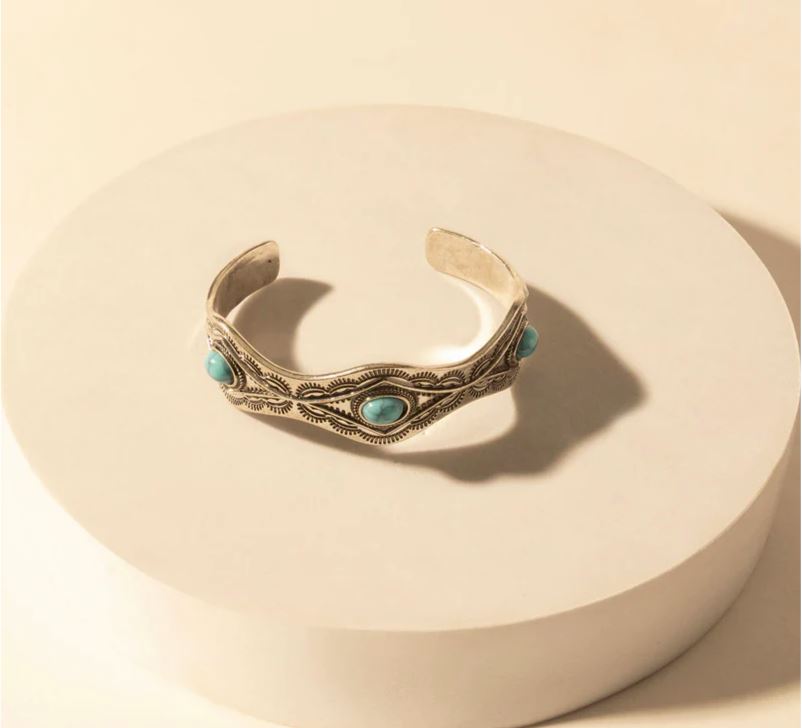 Myra Bag Sedona Stone Cuff with Turquoise Stones and Engraved Detail S-14750