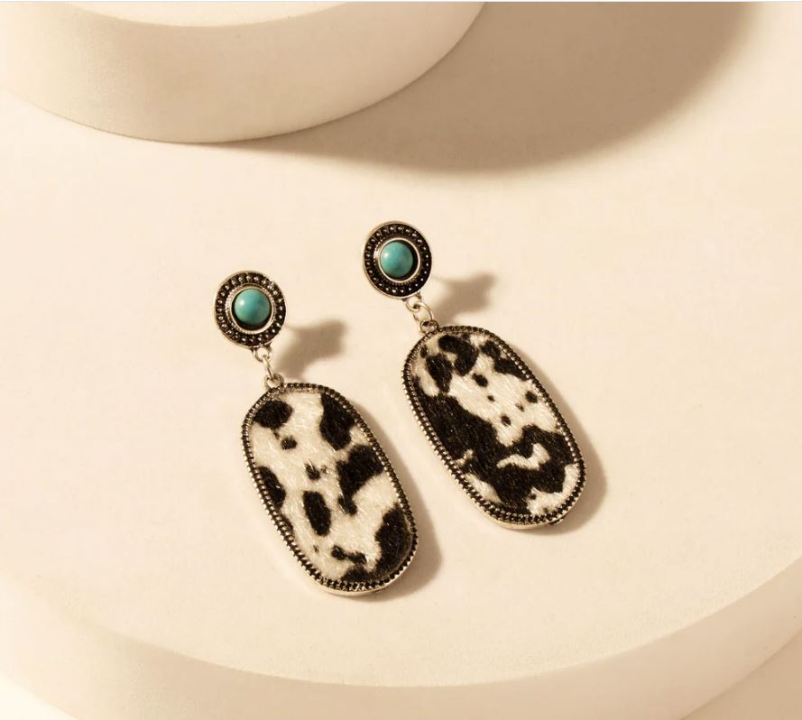 Myra Bag Wild Hide Dangle Earrings with Turquoise and Cowhide Print Detail S-14757