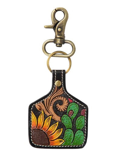Myra Prickly Pear Blooms Hand-Tooled Key Fob S-7539