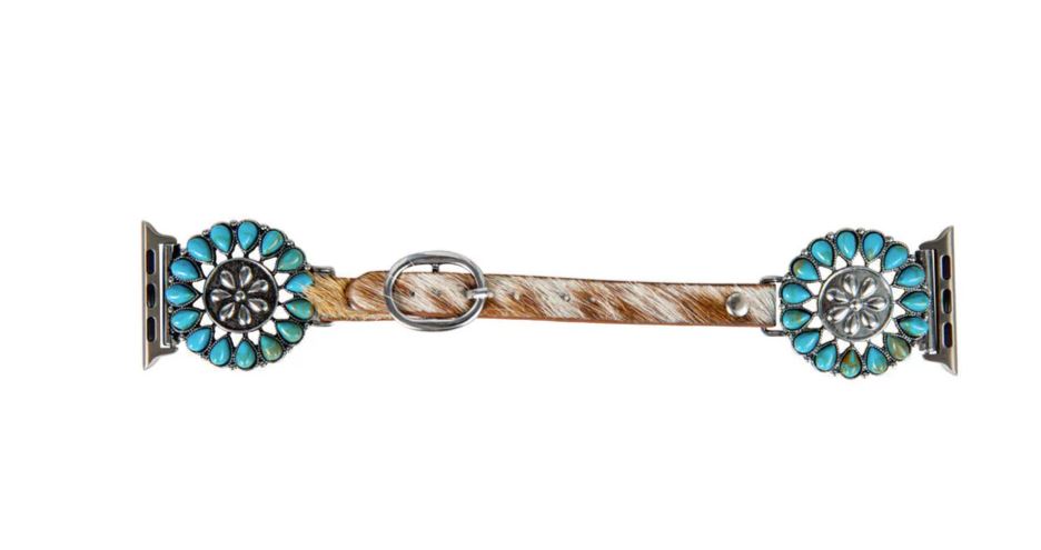 Myra Bag Brown and White Summer Winds Hair-On Hide Women's Watch Band with Turquoise Accents S-7686